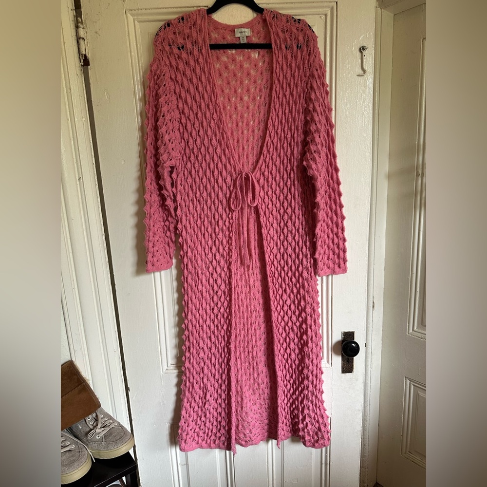 Anthropologie Pink Open-Knit Long Cardigan with Tie Front one size
